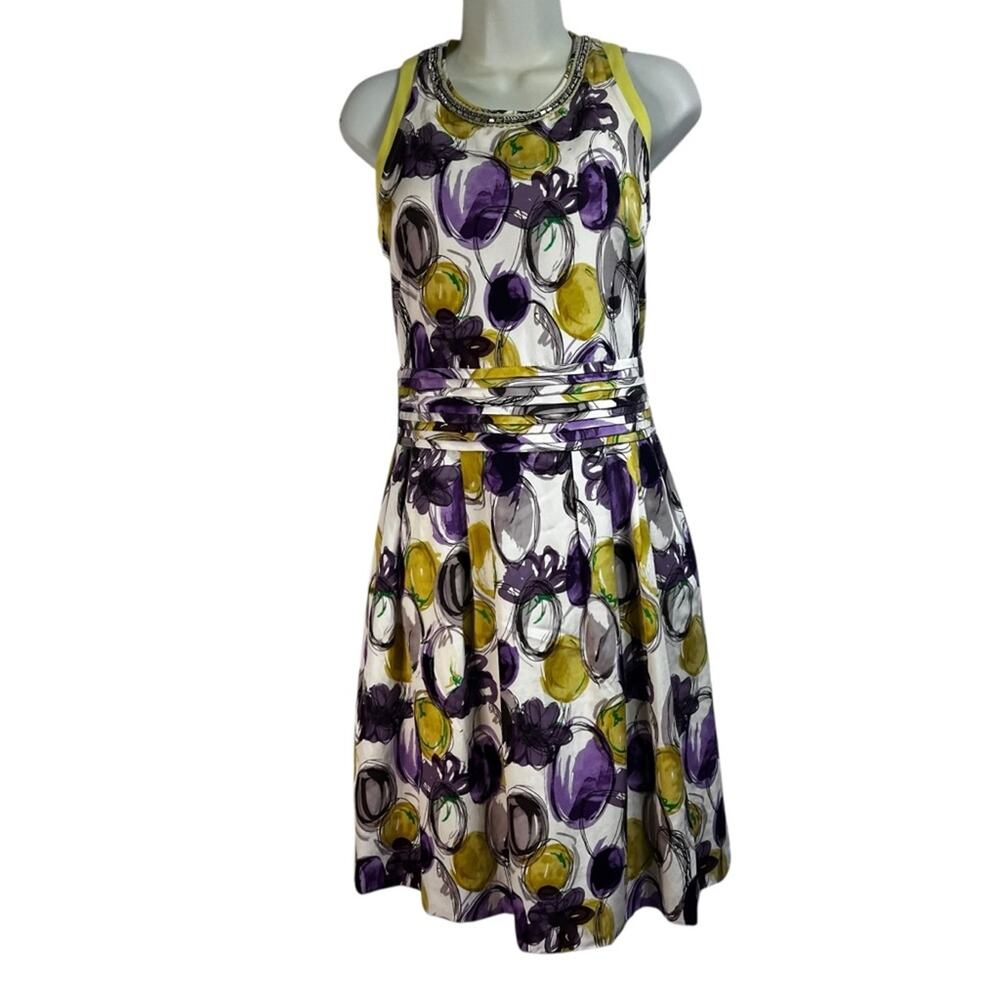 Vintage Y2K Purple Yellow Fit & Flare Midi Dress | Size 8 | Pockets, Beaded, Zip
